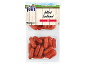 Packaged hot mini salami, with a wooden background and alpine landscape.