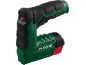 Green and black electric stapler with red accents and a power switch