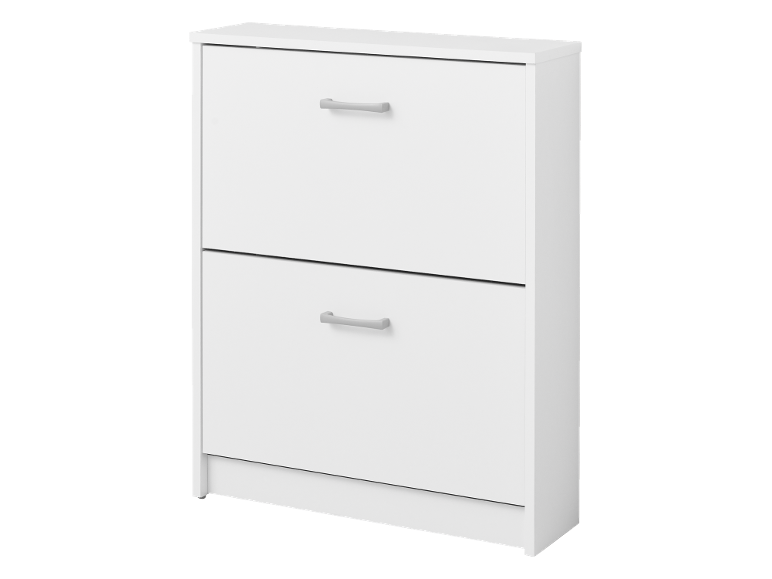 White shoe cabinet with two drawers and silver handles.