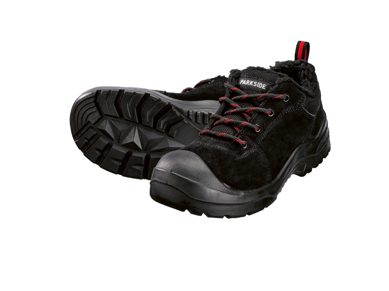 Black safety boots with red laces and a thick sole.