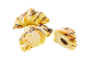 Chocolate croissants with powdered sugar, one cut in half.