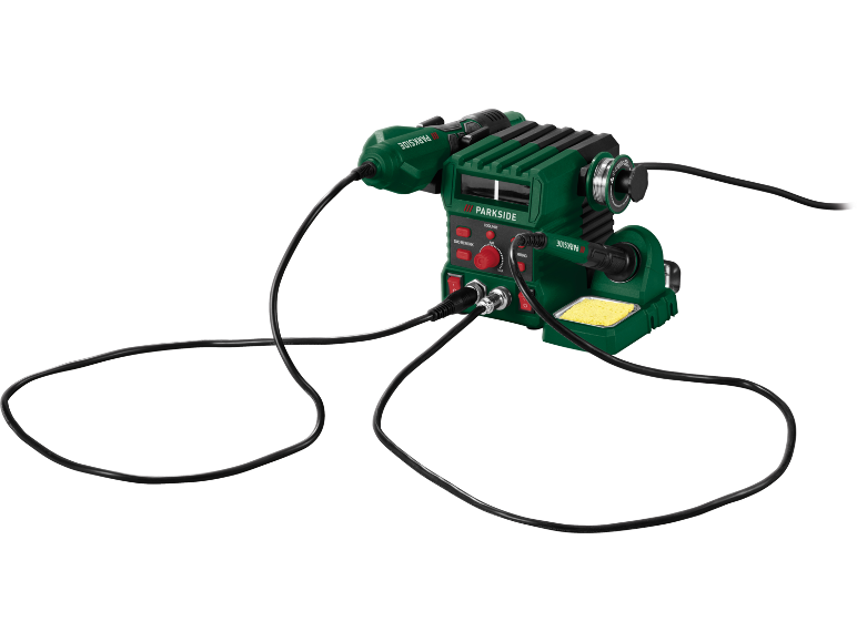 Soldering and desoldering station with cables and cleaning sponge.