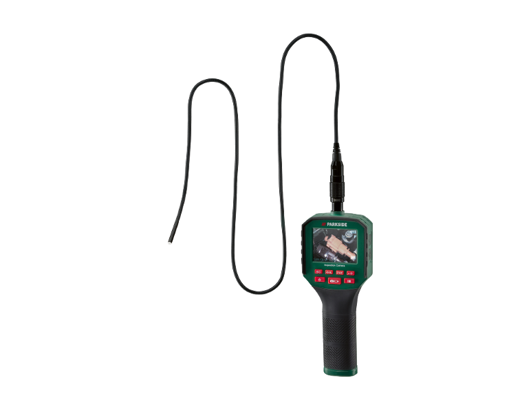 Inspection camera with flexible probe and display showing engine details.