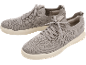 Pair of grey knitted sports shoes with white soles.