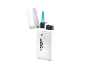 White gas lighter with a blue flame and black details.