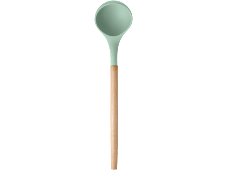 Ladle with a mint green silicone head and a wooden handle.