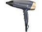 Dark blue hairdryer with gold and black accents.