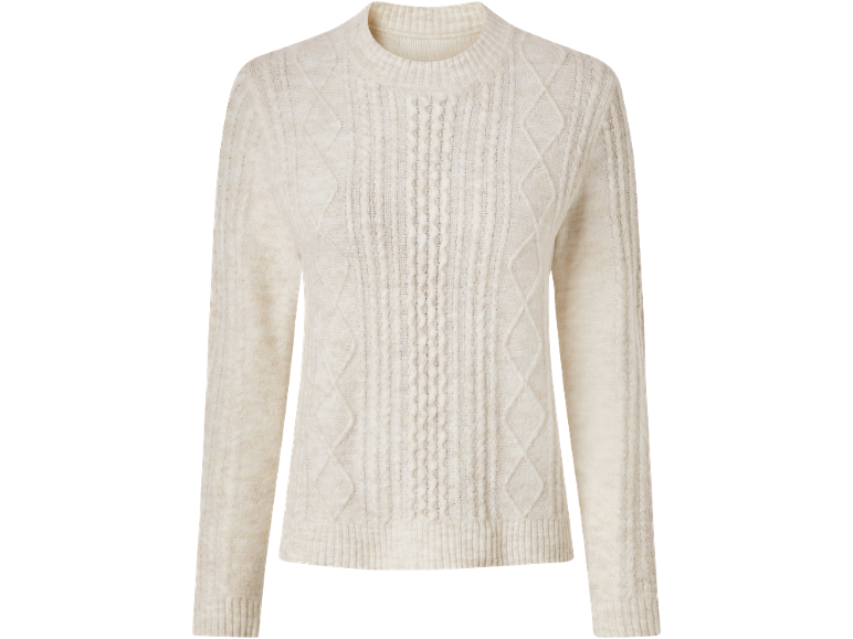 Cream sweater with cable knit and diamond patterns.