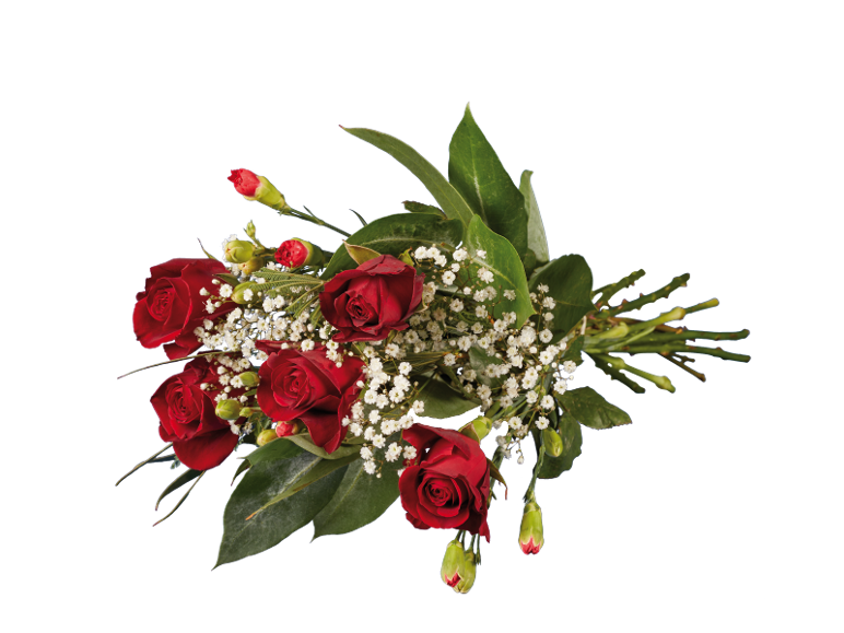 Bouquet of red roses and white gypsophila flowers on a black background.
