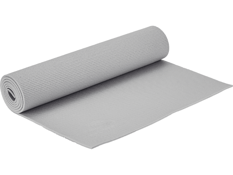 Grey yoga or fitness mat, partially rolled up