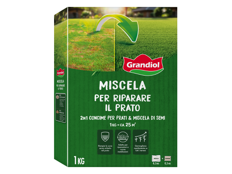 Box of 2-in-1 lawn mixture, with fertilizer and seeds, for repairing and filling bare patches.