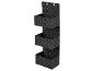 Black hanging organizer with three woven baskets.