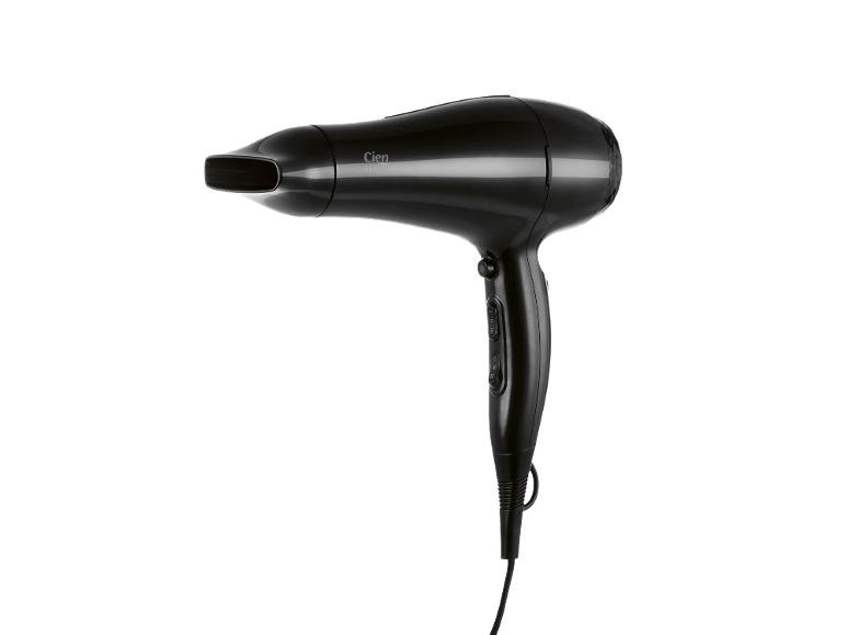Black hairdryer with a concentrator nozzle and control buttons on the handle.