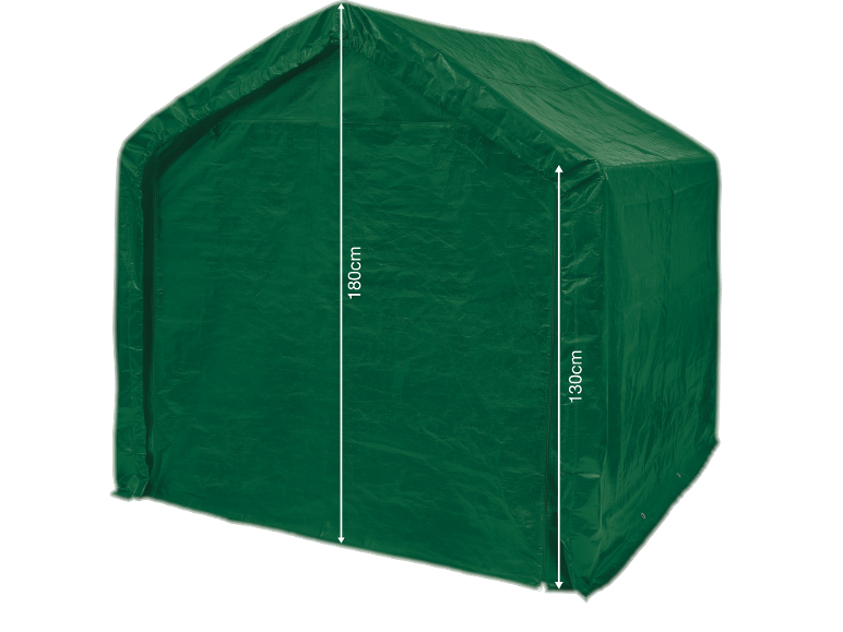 Green garden shed with dimensions of 180 cm height and 130 cm side height.