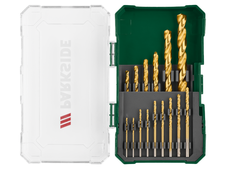 Set of golden drill bits in an open green case with a white lid.