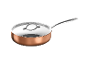 Copper pan with a metal handle and a glass lid.