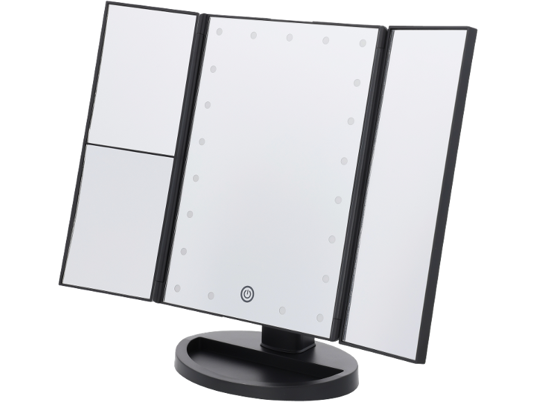 Tri-fold makeup mirror with LED lights and a base.