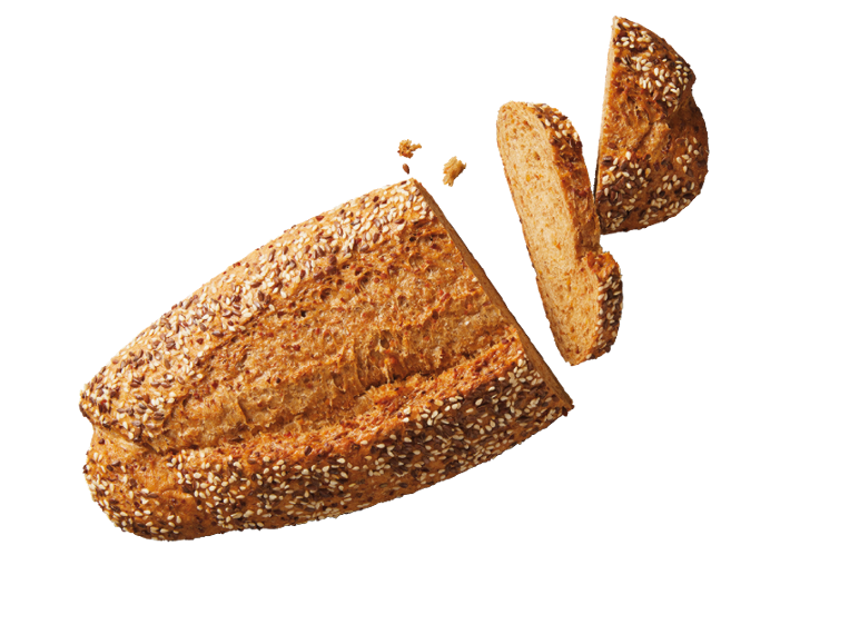 Sliced seeded bread with floating slices against a black background.