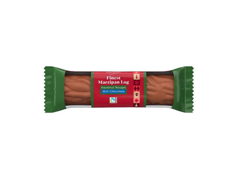 Marzipan log with hazelnut nougat and milk chocolate, festive packaging