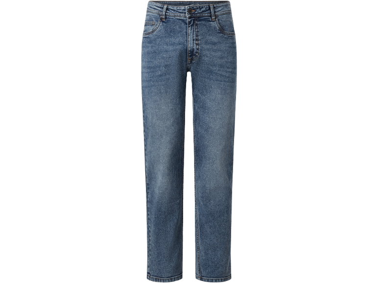 Blue washed jeans with a distressed effect and straight cut.