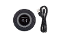 Round Bluetooth speaker with time display and USB charging cable.
