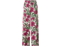 Women's trousers with a pink hibiscus floral and green leaf print.