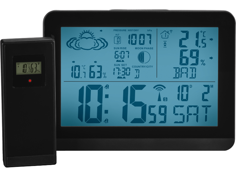 Digital weather station with outdoor sensor displaying temperature, humidity, time, and weather forecast.