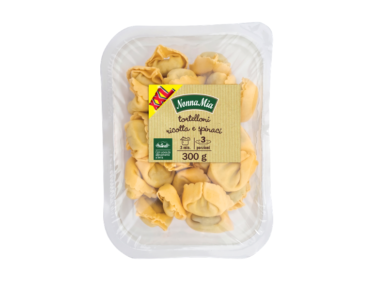 Packaged ricotta and spinach tortelloni, with cooking instructions and weight.
