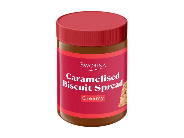Jar of caramelised biscuit spread, creamy, with a red lid and label.