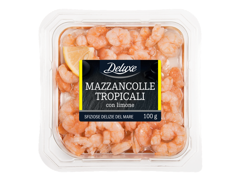 Tropical prawns with lemon in a clear tray, 100 g.