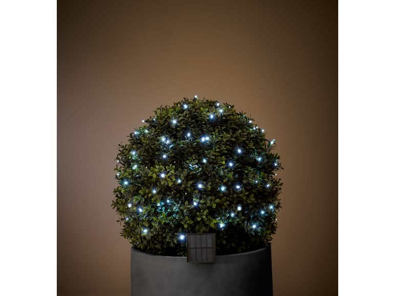 Decorative bush with solar-powered LED lights in a dark room.