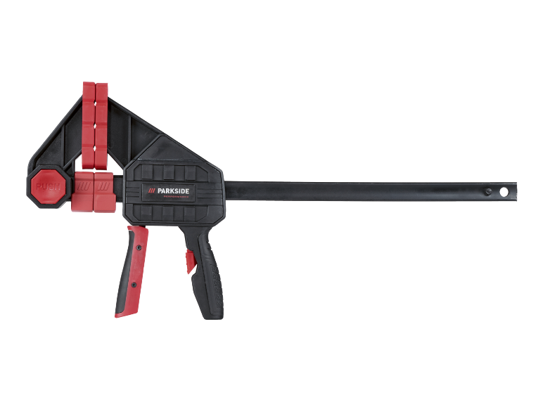 Black and red bar clamp with a pistol grip and push button
