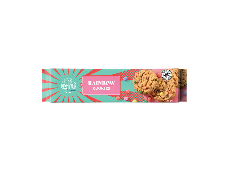 Rainbow cookies with colorful candy chips, in a festival-themed package.