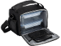Black lunch bag with two clear food containers and an internal mesh pocket.