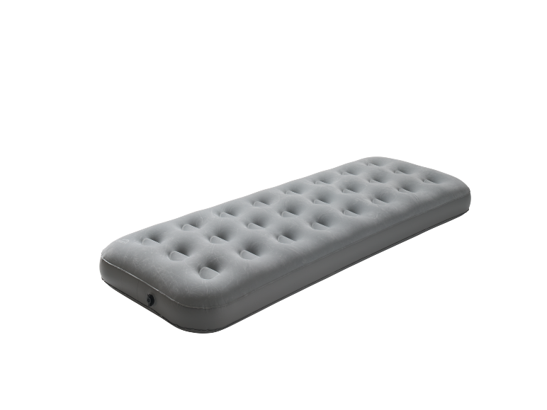 Grey inflatable air mattress with a textured surface.