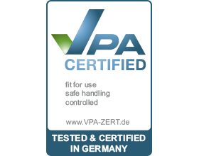VPA certified seal: „fit for use”, „safe handling”, „controlled”, „TESTED & CERTIFIED IN GERMANY”.