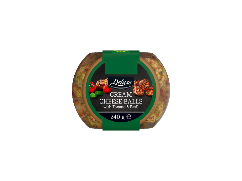 Cream cheese balls with tomato and basil, 240 g packaging.