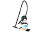 Wet and dry vacuum cleaner with a stainless steel tank and accessories.