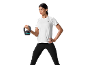 Woman in white sports t-shirt and black leggings, holding a kettlebell.