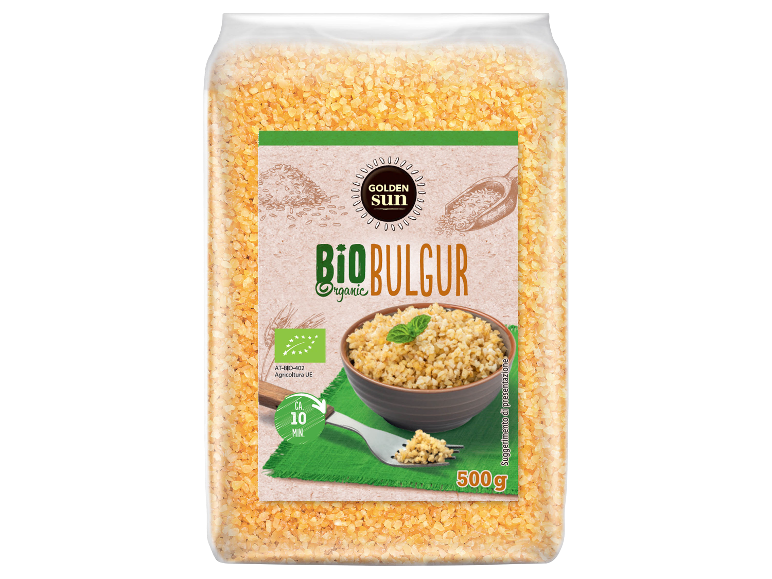 Golden Sun Bio Bulgur, 500g packaging, with a bowl of cooked bulgur and a fork.