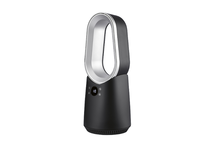Black and silver bladeless fan with a digital display showing '10'.