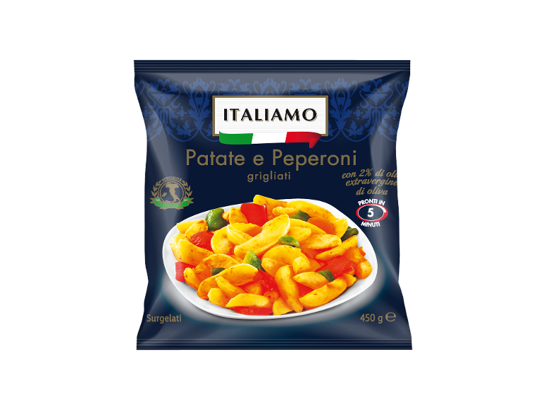 ITALIAMO Patate e Peperoni grigliati, 450g pack with potatoes and peppers.