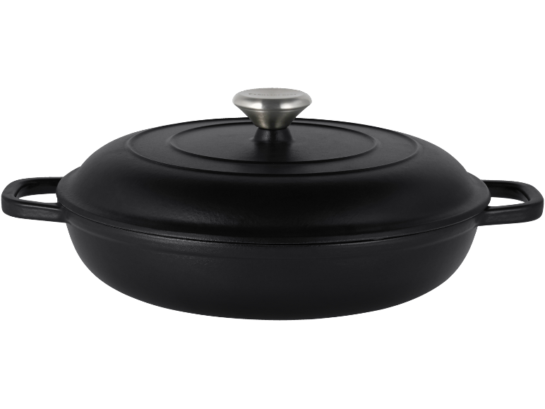 Black cast iron pot with a lid and a metal knob.