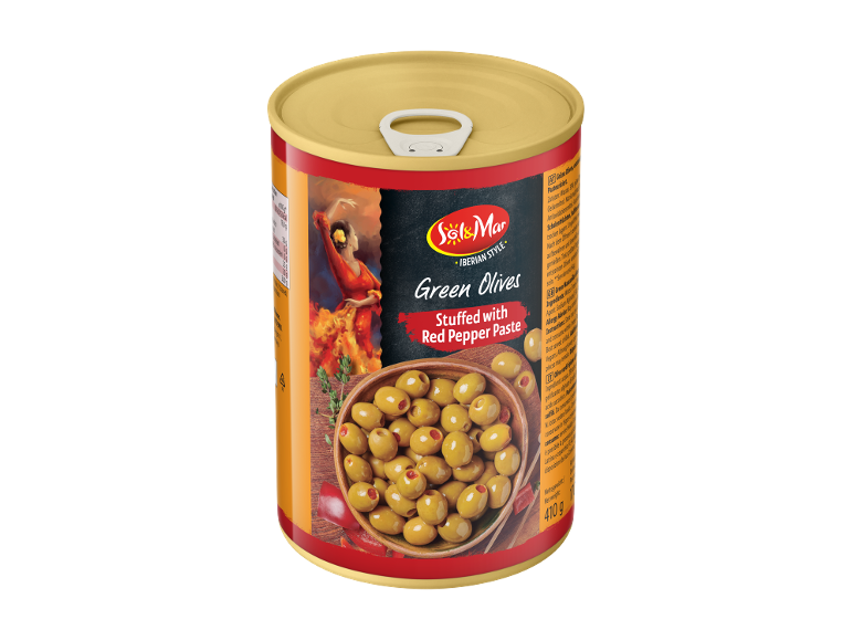 Green olives stuffed with red pepper paste, Spanish theme.