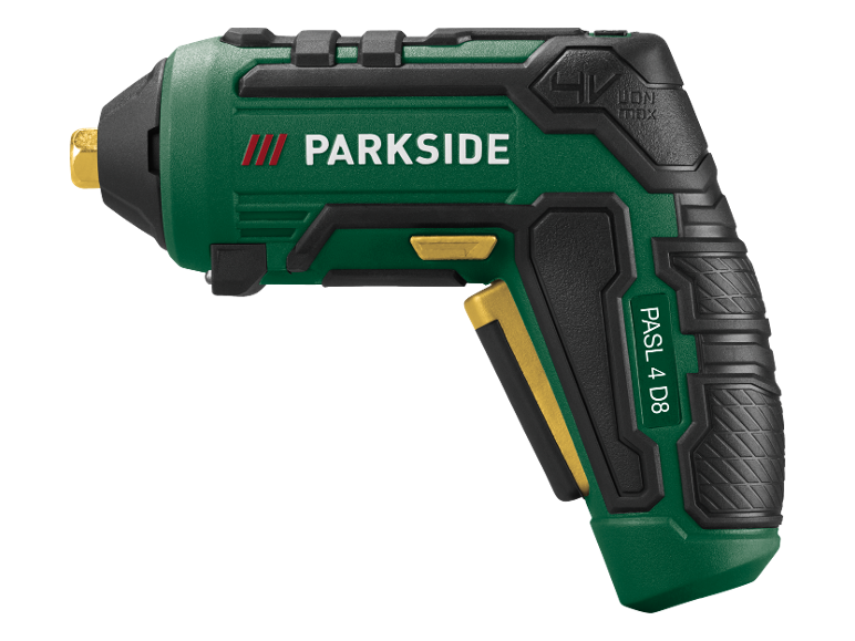 Green cordless screwdriver with 'PARKSIDE' and 'PASL 4 D8' text.