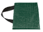 Green fabric bag with a black handle on a black background.