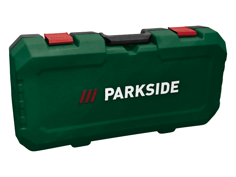 Green tool case with red clasps and a black handle, featuring a white logo.