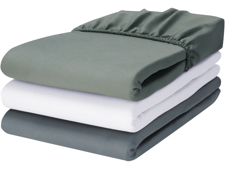 Stack of three fitted sheets: green, white, and grey.