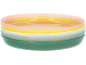 Stack of colorful plastic bowls in pastel tones.