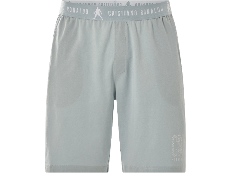 Light blue pajama shorts with a waistband featuring 'CRISTIANO RONALDO' text.
